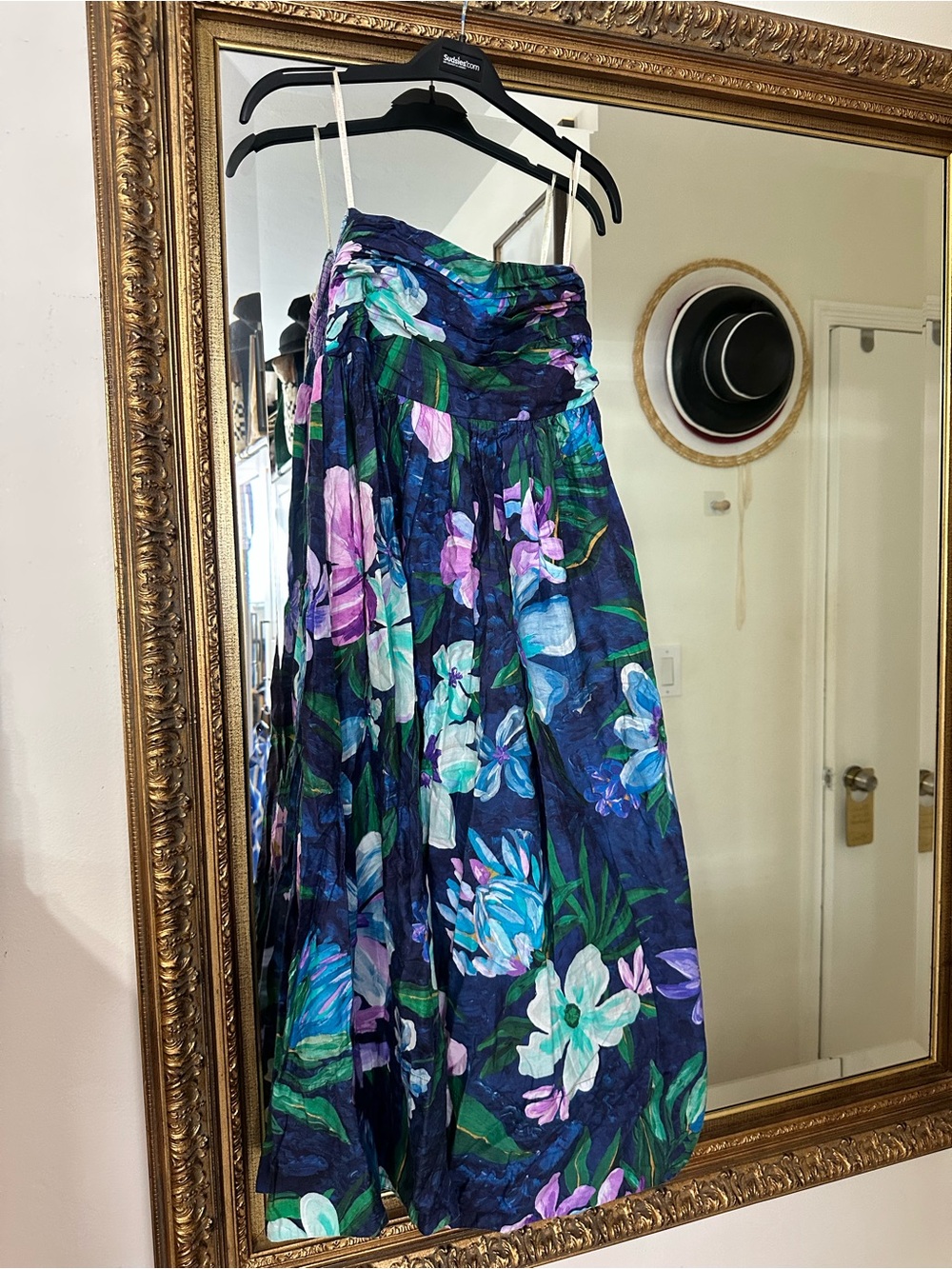 FARM Rio Lineia Navy Floral Strapless Maxi Dress with Purple & Green Blooms